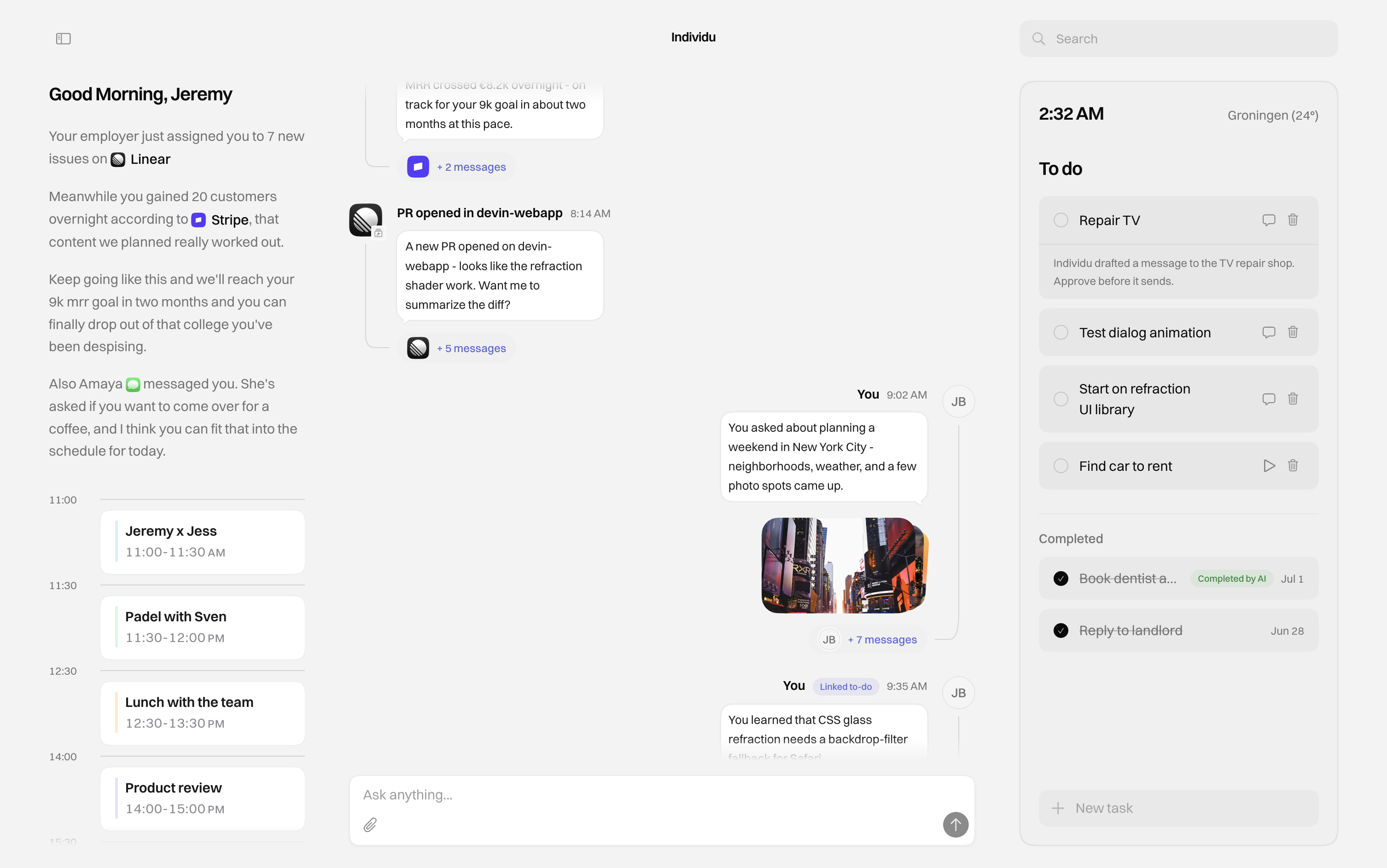 Individu dashboard showing your morning briefing, activity feed, and to-do list across the apps you already use