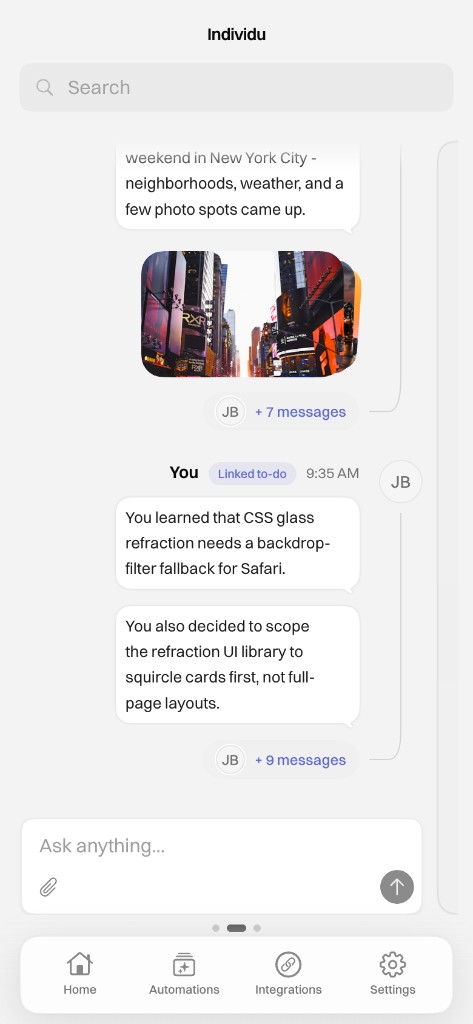 Individu mobile home feed with messages, photos, and ask anything composer